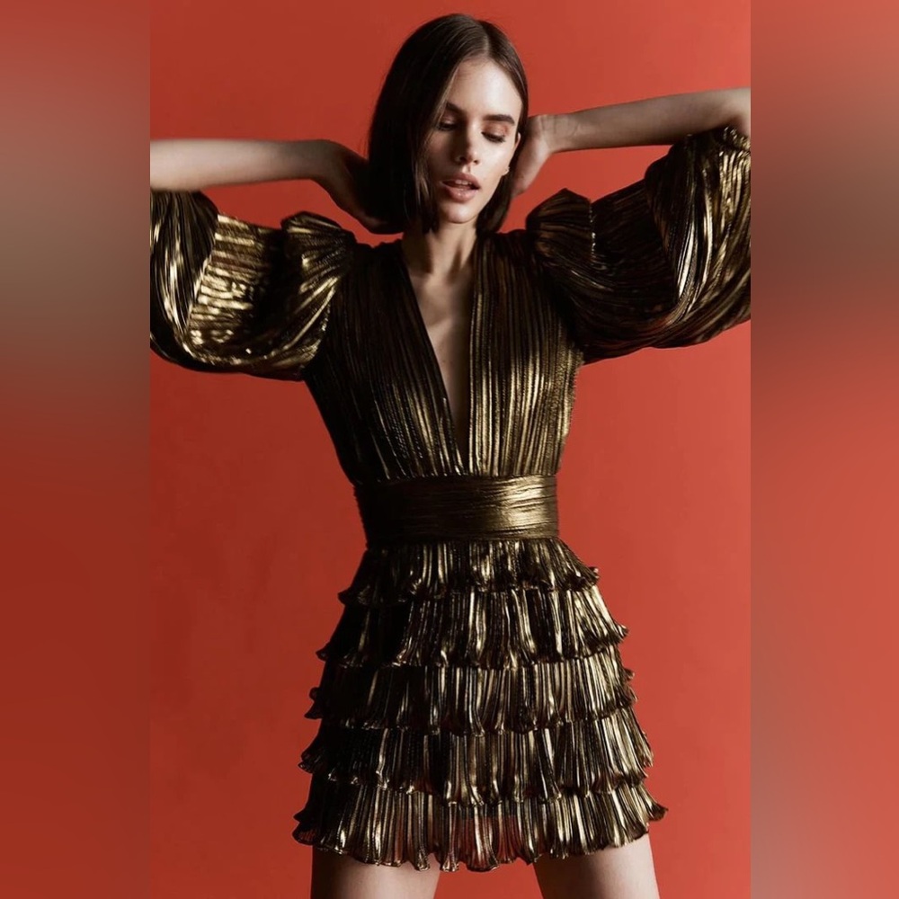 New Arrivals gold foil mini ruffle dress